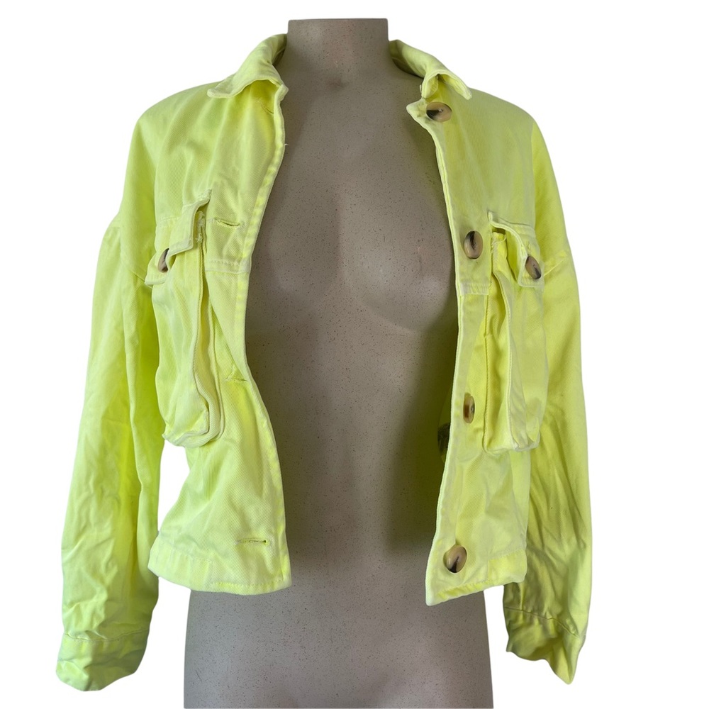 ZARA Women's Oversized Neon Yellow Full Button Front Jean Denim Jacket Size XS - Picture 1 of 13